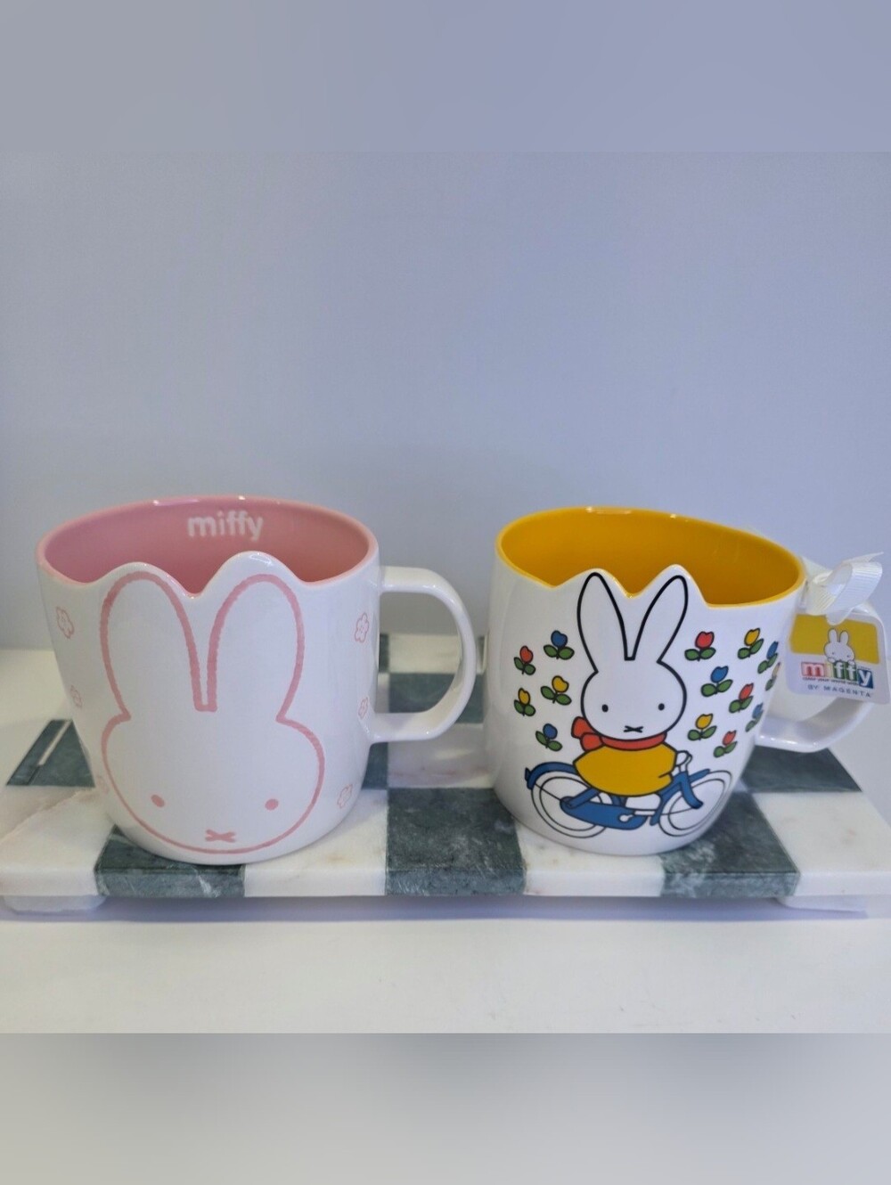 ♥️New! Miffy Scalloped Ceramic Mug Set of 2 - Pink Sakura & Yellow Bicycle.